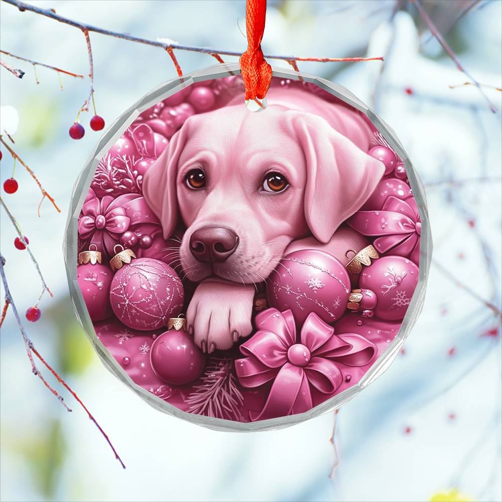 Labrador Retriever Dog Pink Christmas Design 1 Glass Ornament