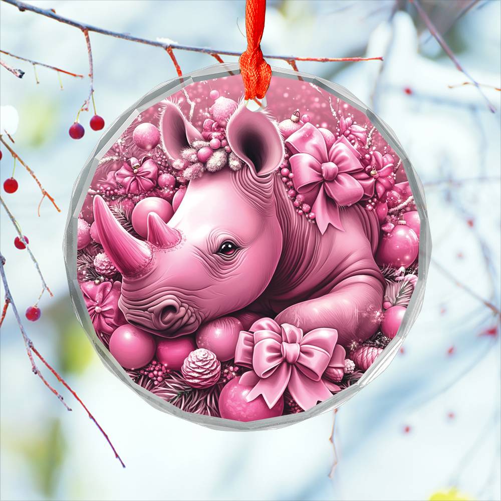 Rhino Pink Christmas Design 2 Glass Ornament