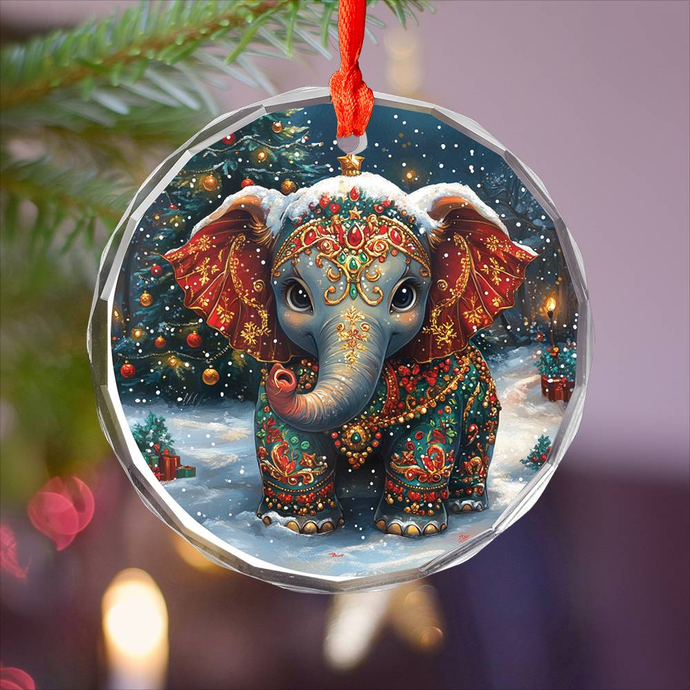 Beautiful Elephant Christmas Night Design 4 Glass Ornament