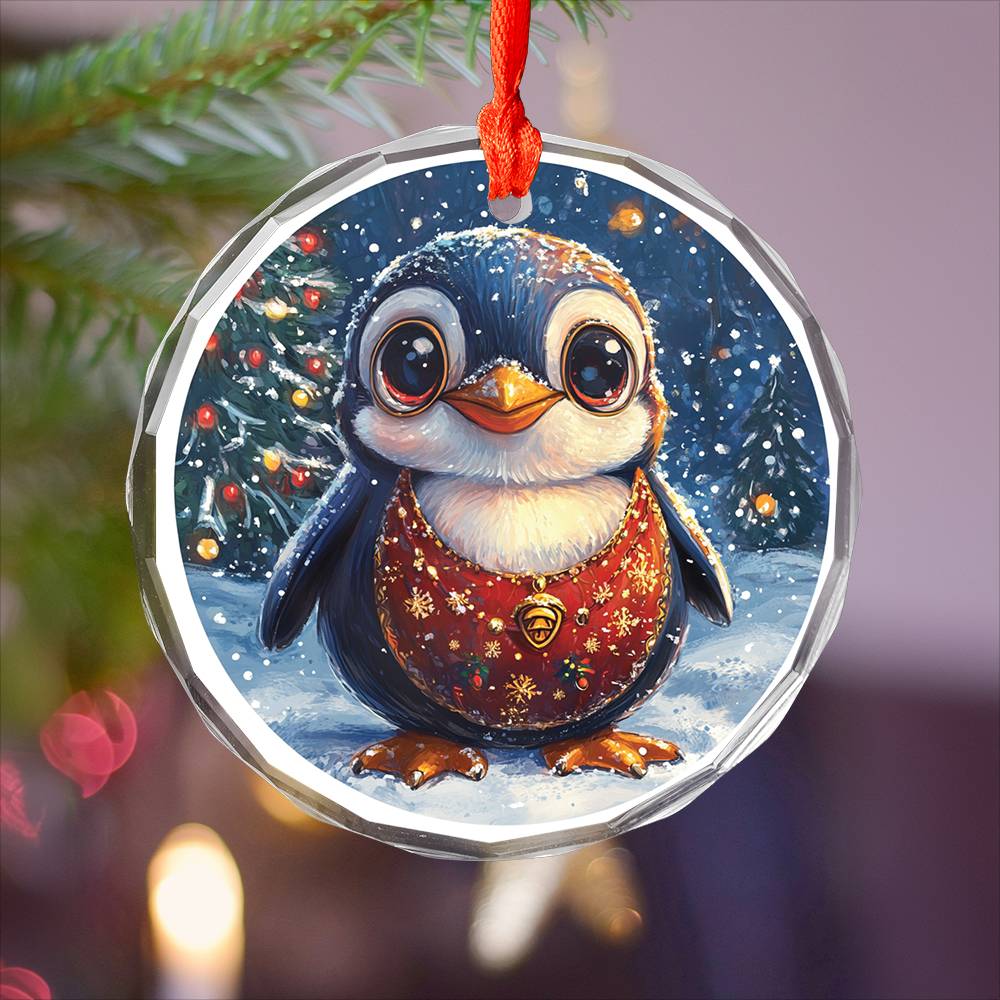 Beautiful Angus Penguin Christmas Night Design 3 Glass Ornament