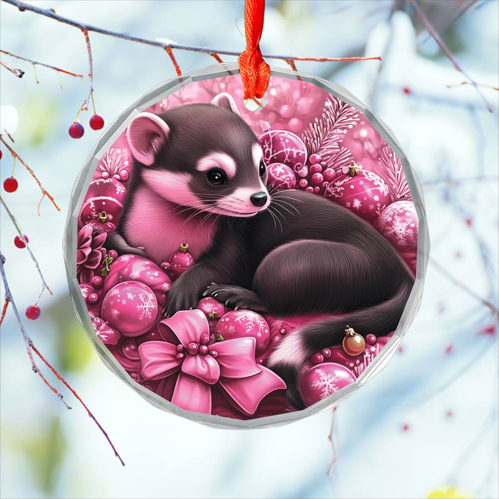 Ferret Pink Christmas Design 1 Glass Ornament