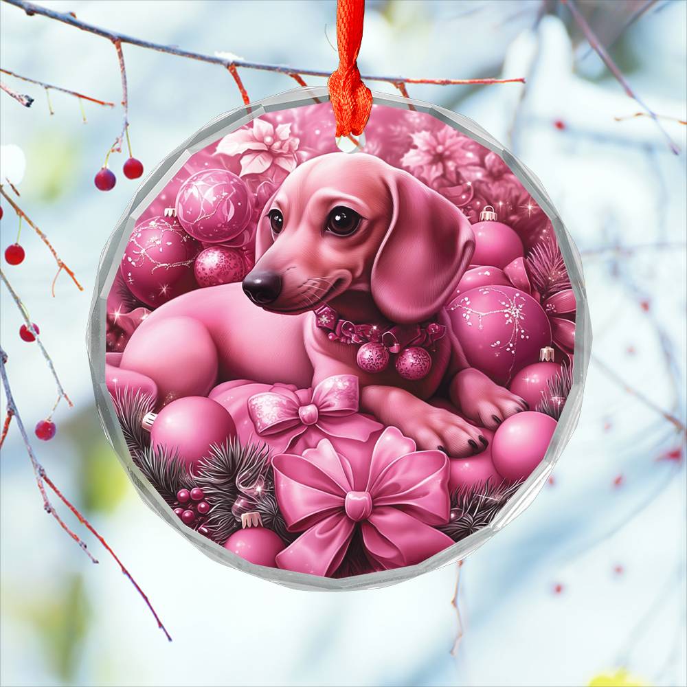 Dachshund Dog Pink Christmas Design 2 Glass Ornament