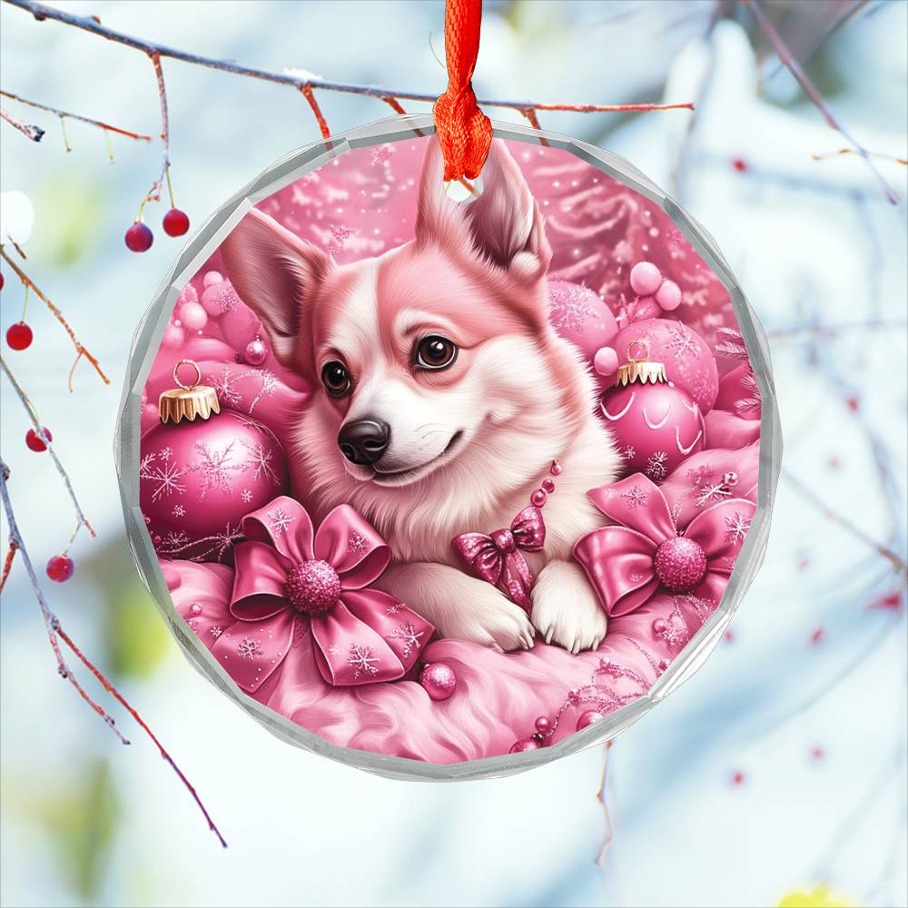 Pembroke Welsh Corgi Dog Pink Christmas Design 2 Glass Ornament