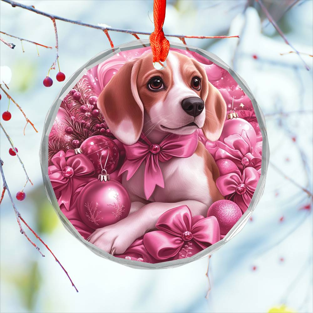 Beagle Dog Pink Christmas Design 1 Glass Ornament