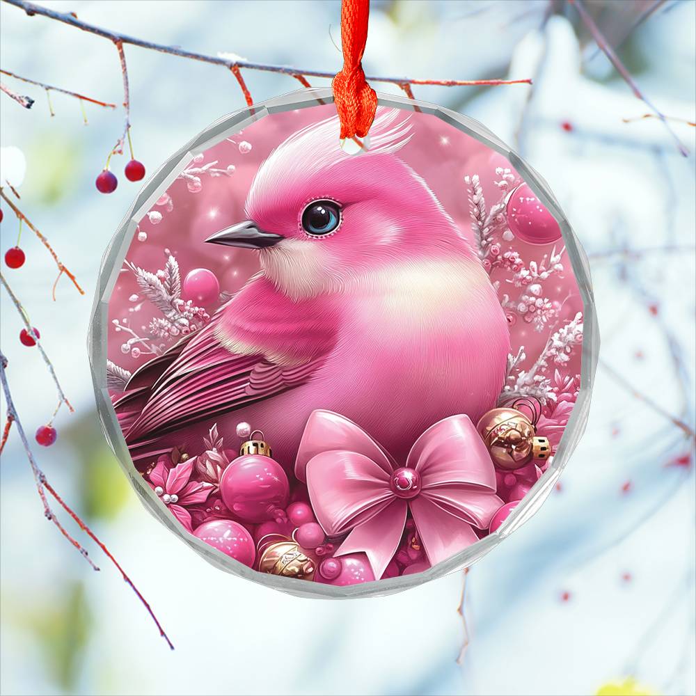 Songbird Pink Christmas Design 2 Glass Ornament