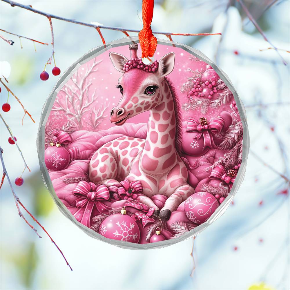 Giraffe Pink Christmas Design 2 Glass Ornament