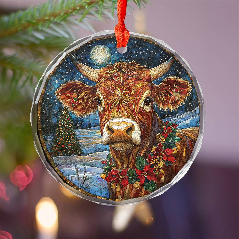 Beautiful Angus Cow Christmas Night Design 3 Glass Ornament
