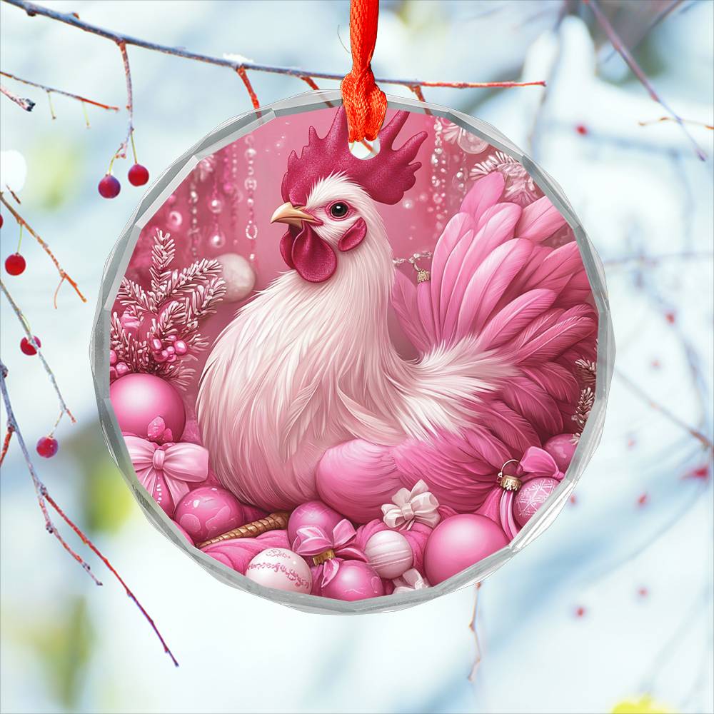 Rooster Pink Christmas Design 1 Glass Ornament