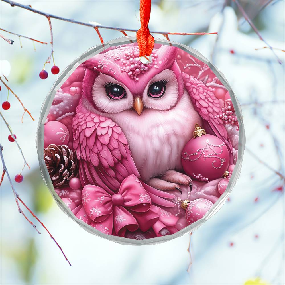 Owl Pink Christmas Design 3 Glass Ornament