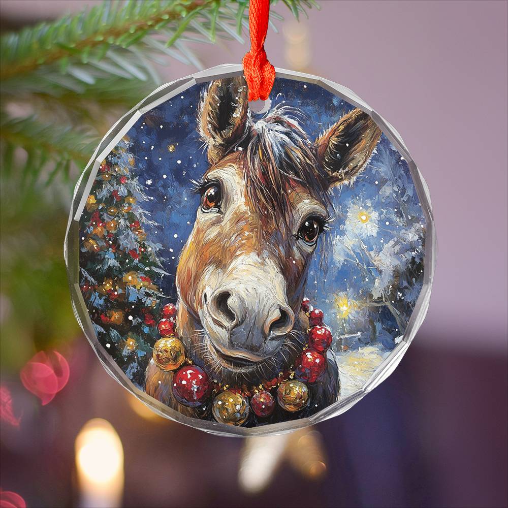 Beautiful Angus Mule Christmas Night Design 1 Glass Ornament