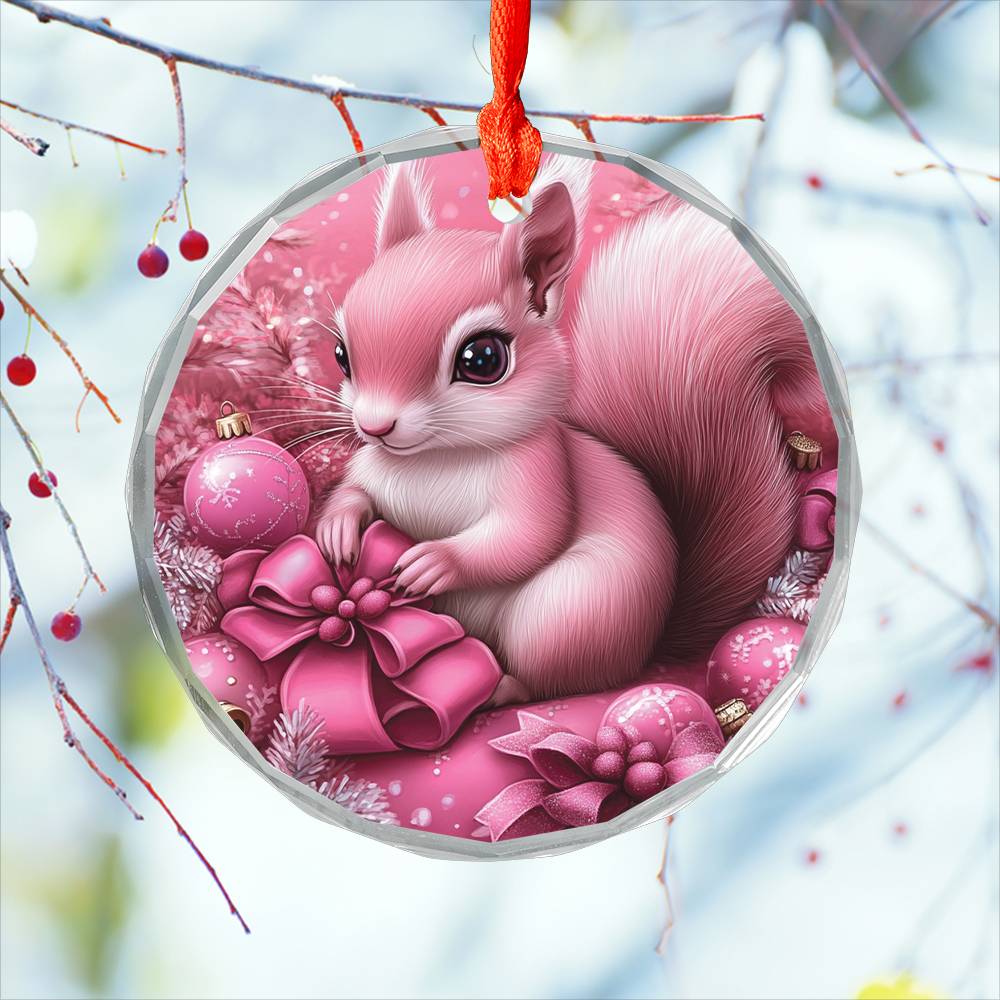 Squirrel Pink Christmas Design 2 Glass Ornament