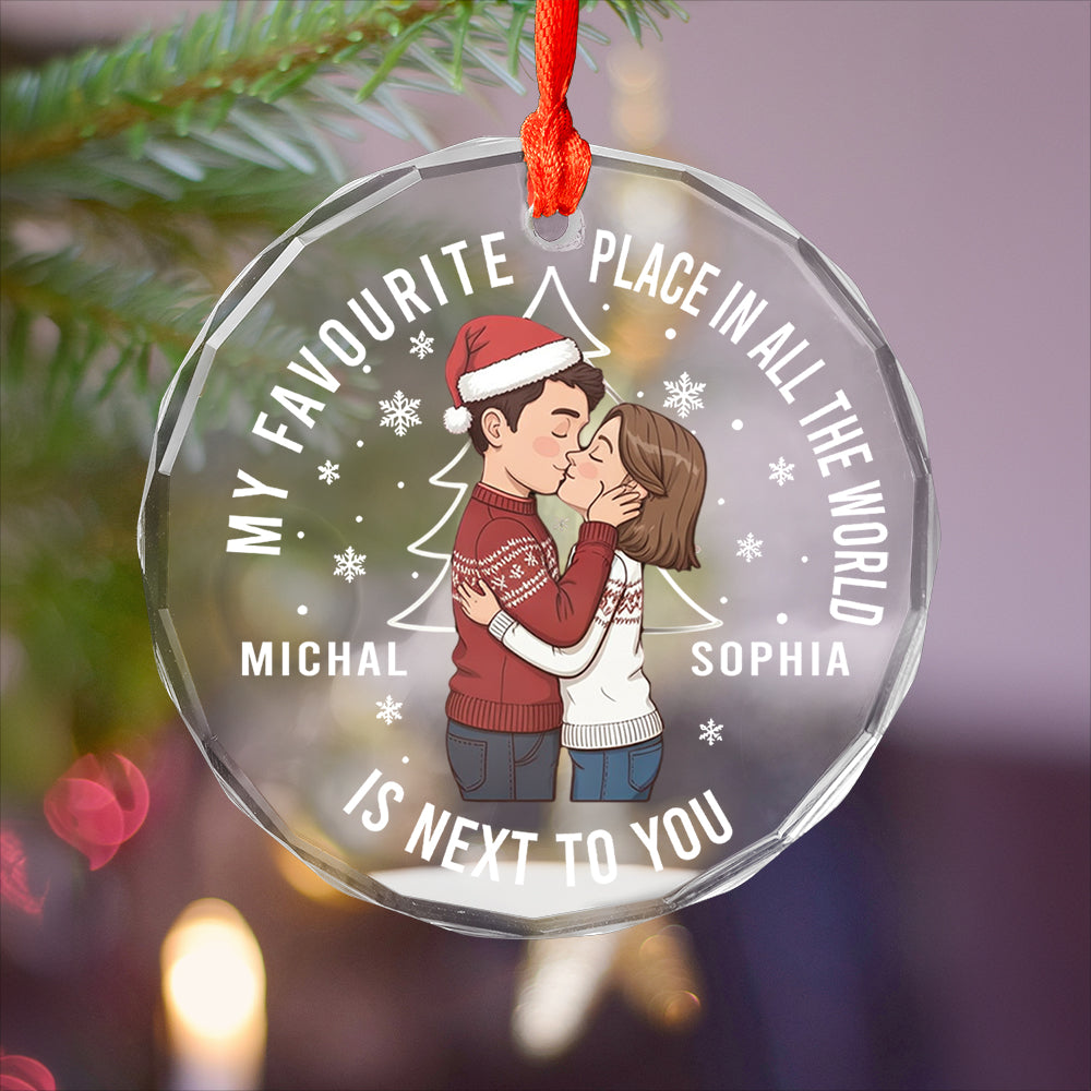 Christmas Couple Sideview You Are My Favorite By Far - Personalized Circle Glass Ornament2