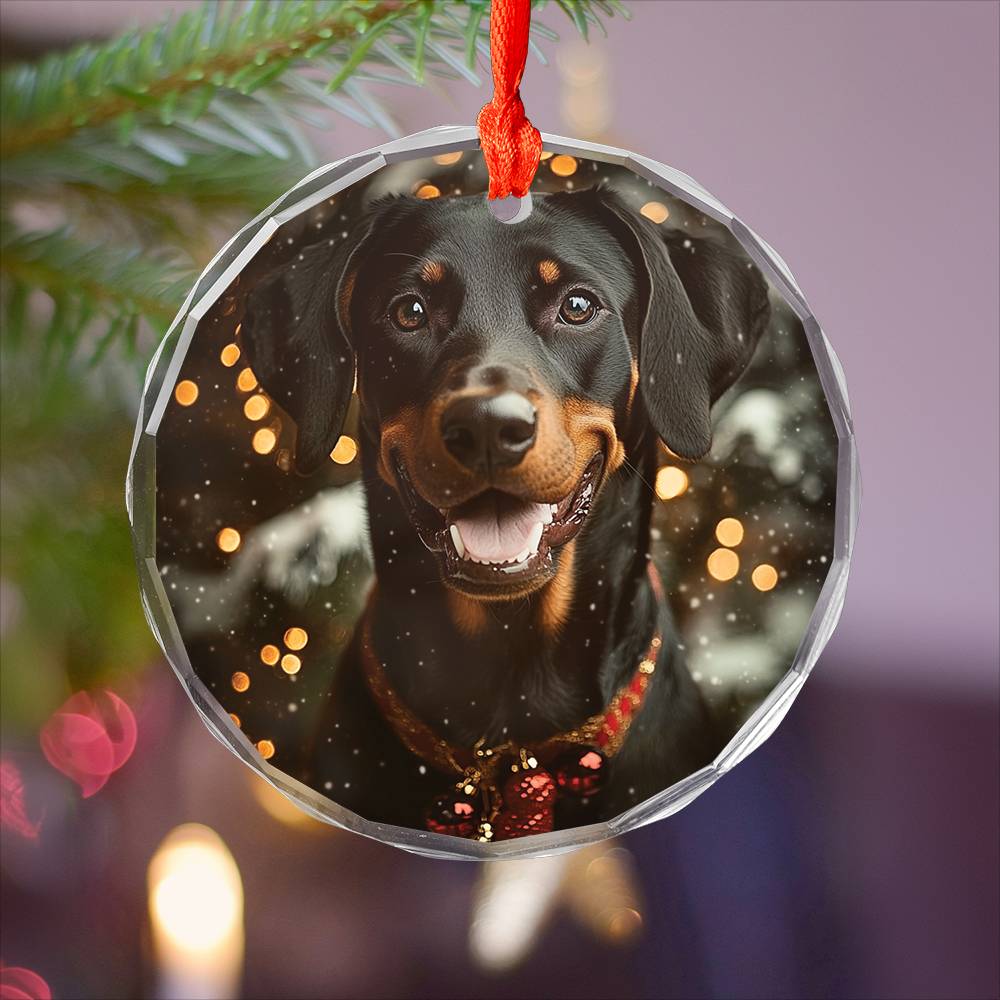 Beautiful Angus Doberman Pinscher Dog Christmas Night Design 2 Glass Ornament