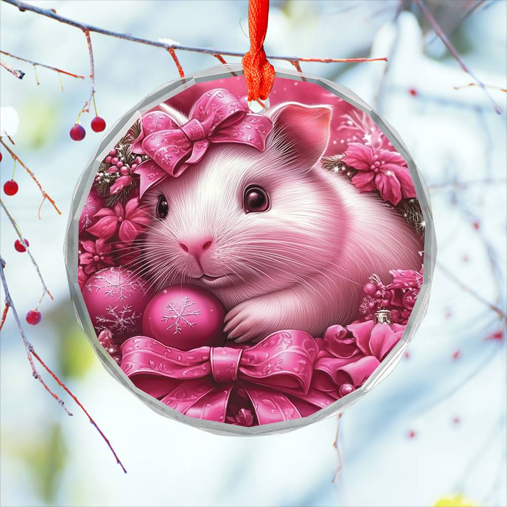 Guinea Pig Pink Christmas Design 2 Glass Ornament
