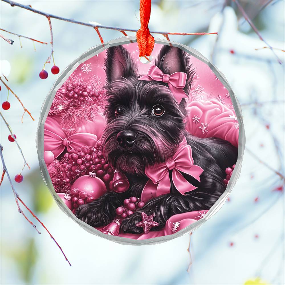 Scottish Terrier Dog Pink Christmas Design 1 Glass Ornament