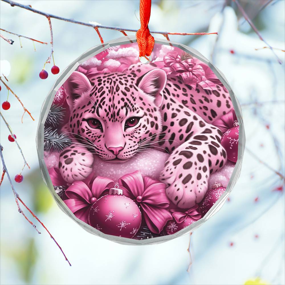 Leopard Pink Christmas Design 2 Glass Ornament