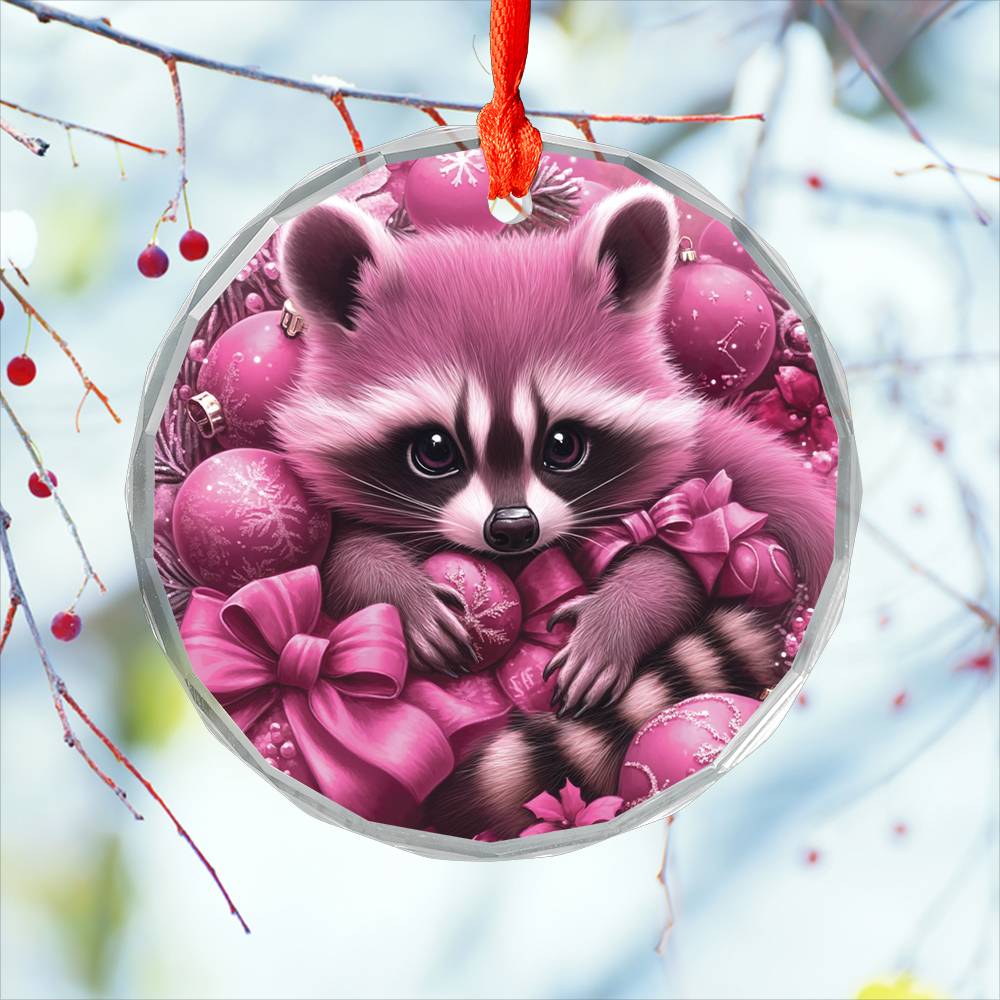 Racoon Pink Christmas Design 4 Glass Ornament