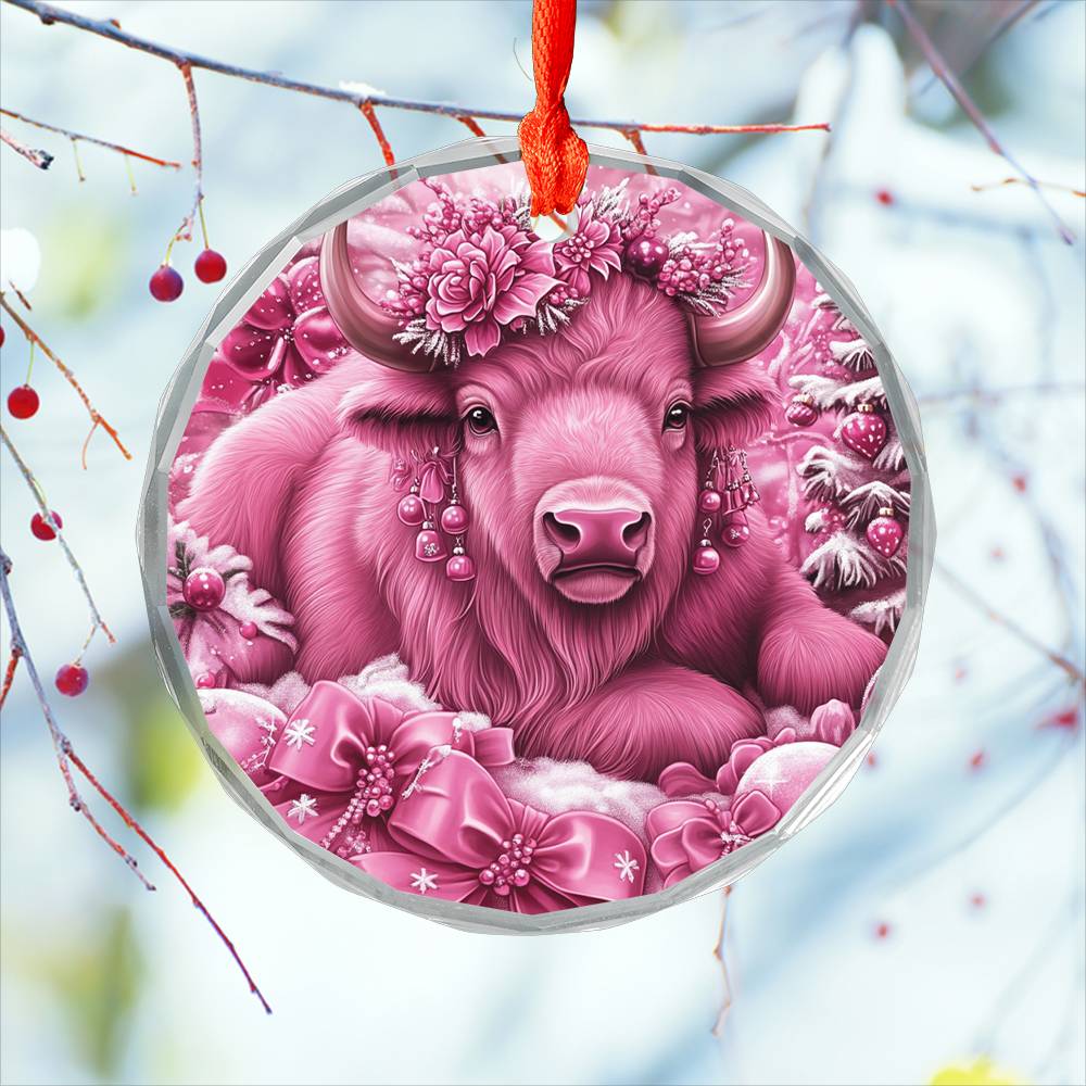 Bison Pink Christmas Design 1 Glass Ornament