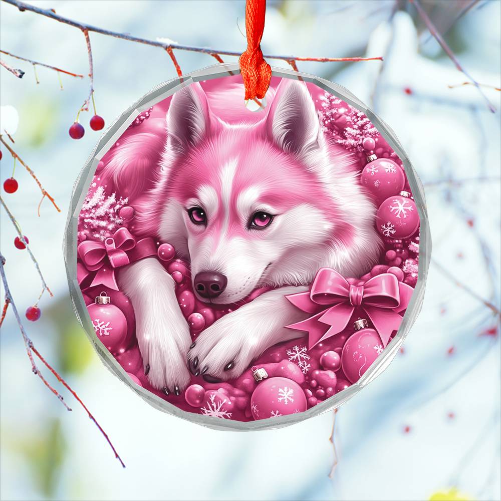 Siberian Huskie Dog Pink Christmas Design 1 Glass Ornament