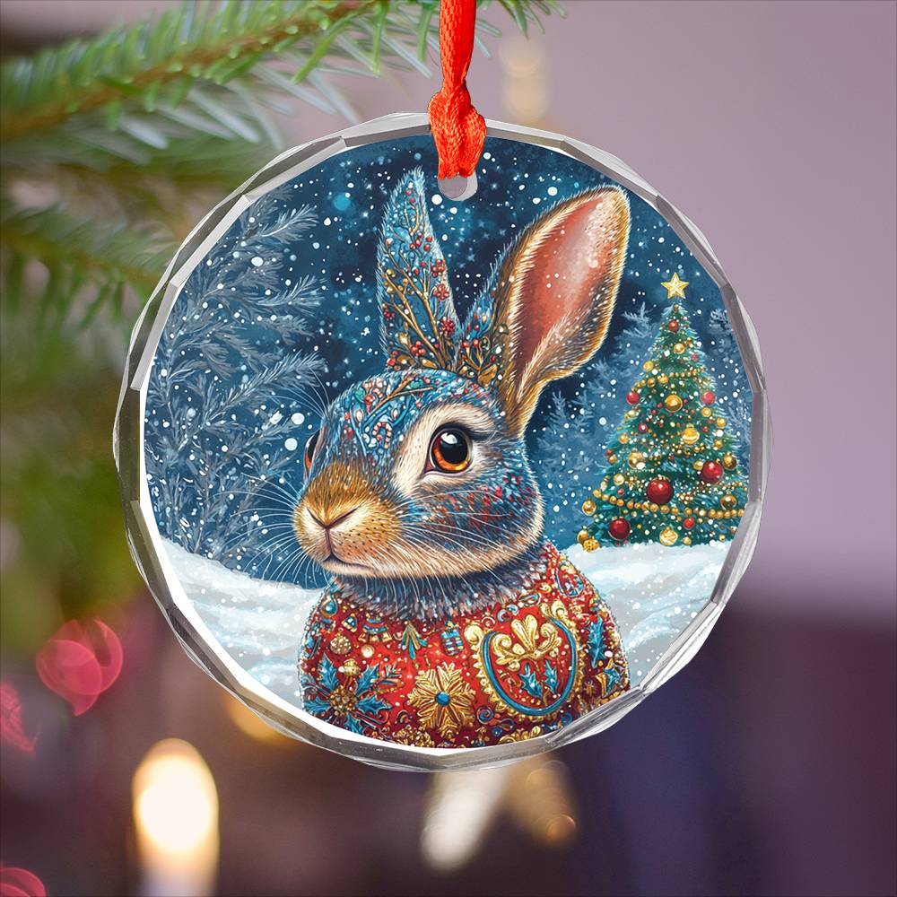Beautiful Rabbit Christmas Night Design 2 Glass Ornament
