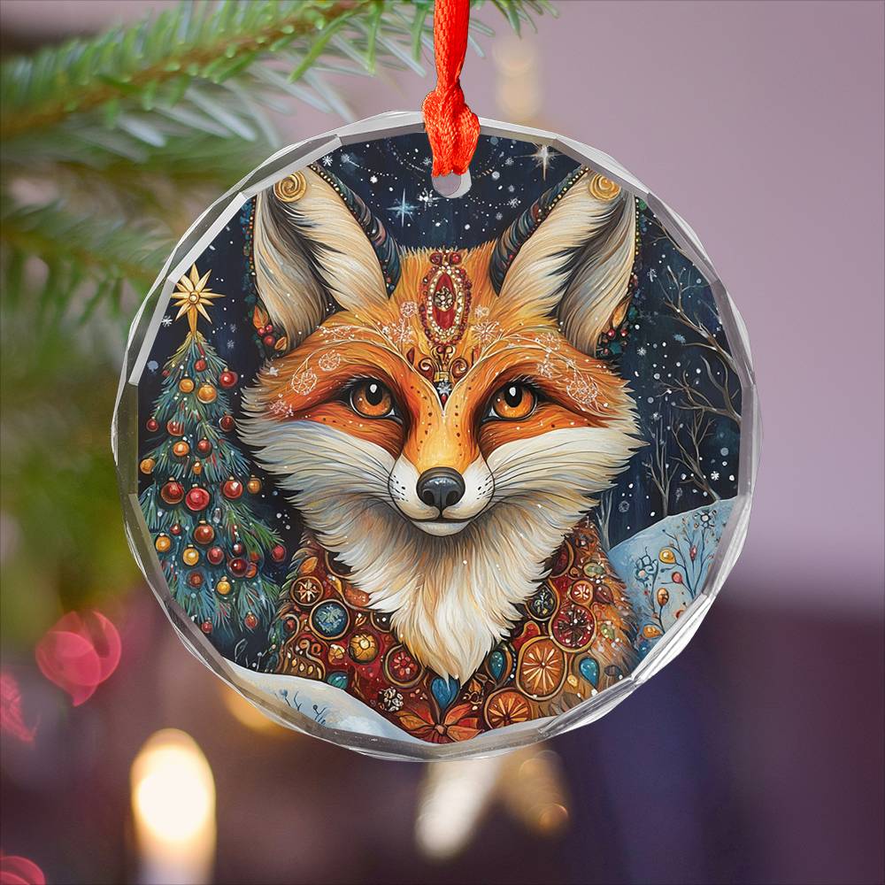 Beautiful Angus Fox Christmas Night Design 2 Glass Ornament