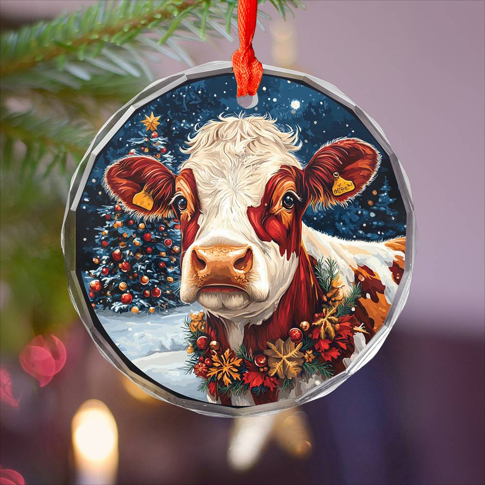 Beautiful Hereford Cow Christmas Night Design 4 Glass Ornament