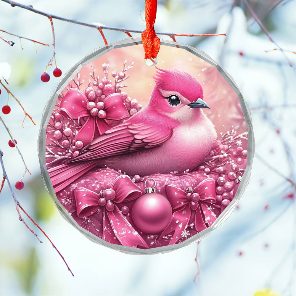 Songbird Pink Christmas Design 3 Glass Ornament