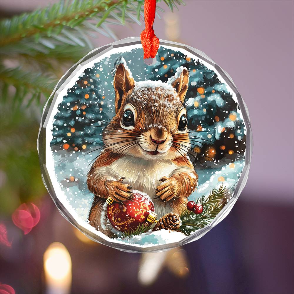 Beautiful Angus Squirrel Christmas Night Design 4 Glass Ornament