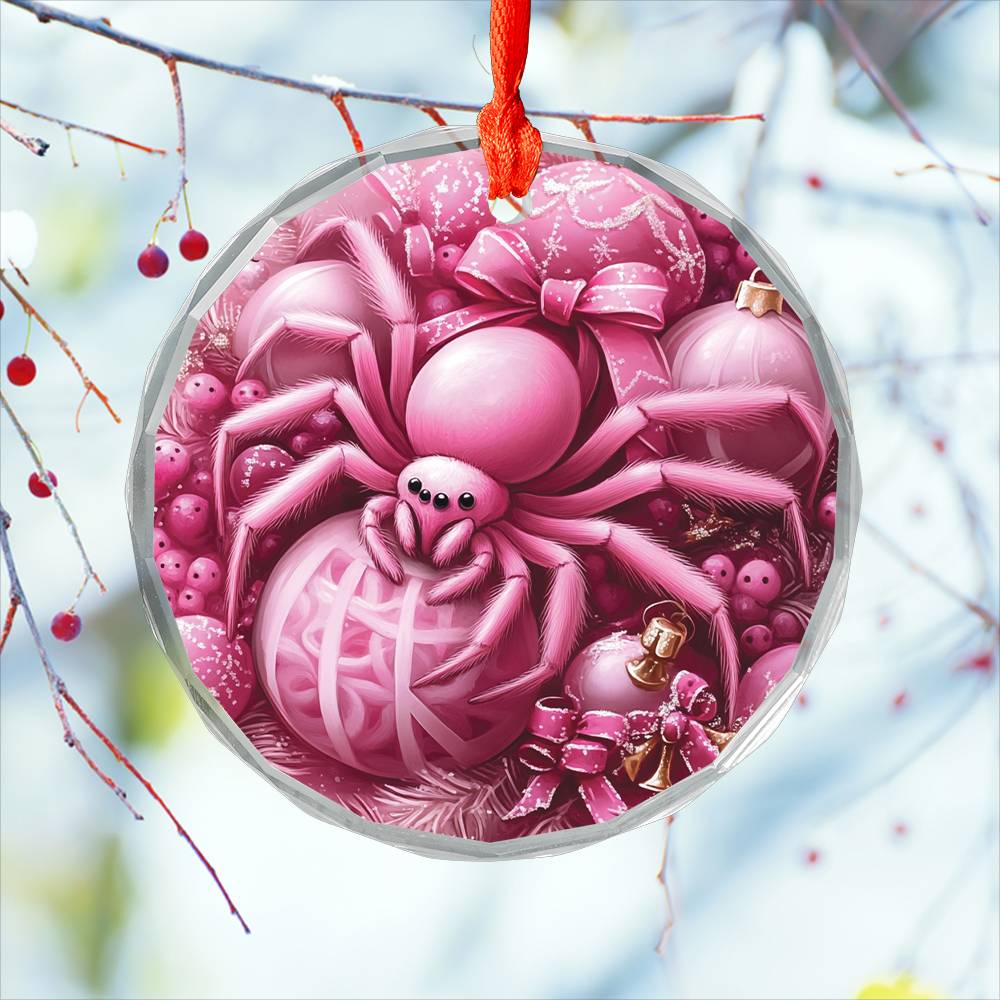 Spider Pink Christmas Design 3 Glass Ornament