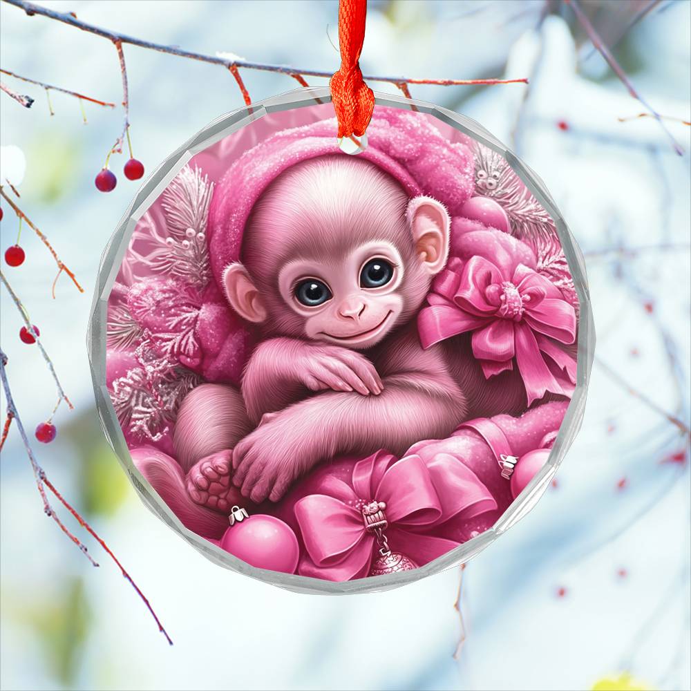 Monkey Pink Christmas Design 2 Glass Ornament