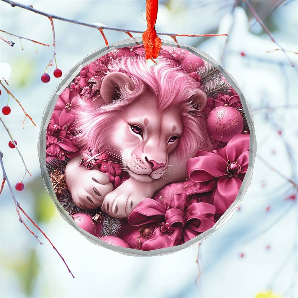 Lion Pink Christmas Design 4 Glass Ornament