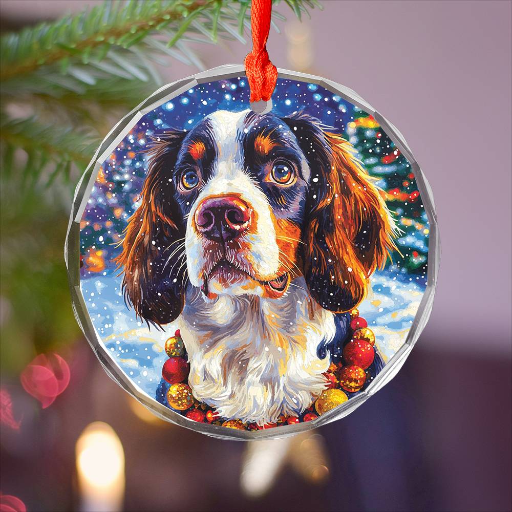 Beautiful English Springer Spaniel Dog Christmas Night Design 3 Glass Ornament