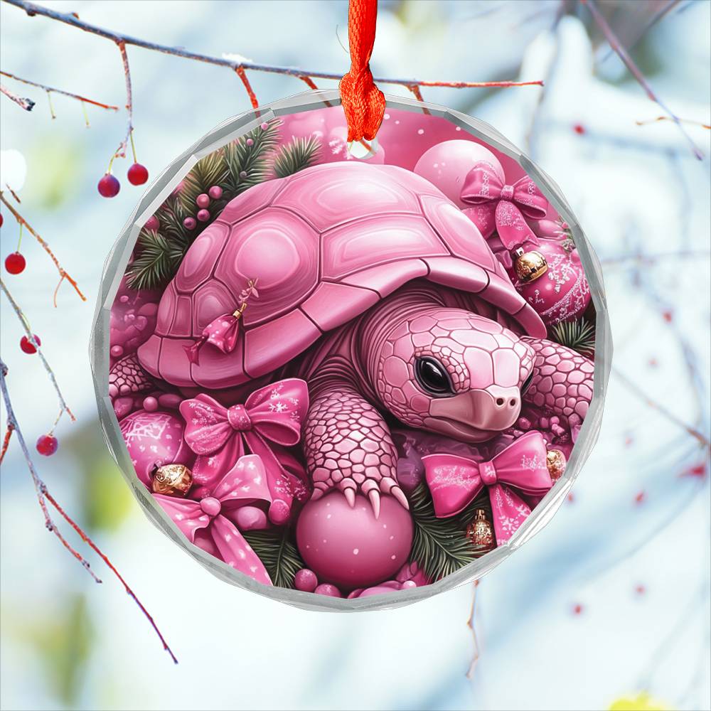 Tortoise Pink Christmas Design 4 Glass Ornament