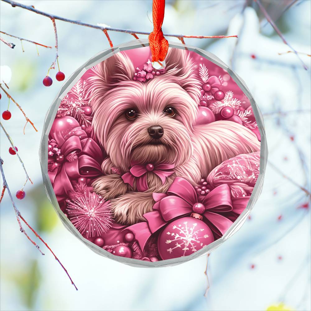 Yorkshire Terrier Dog Pink Christmas Design 3 Glass Ornament