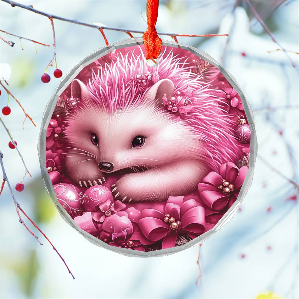 Hedgehog Pink Christmas Design 1 Glass Ornament