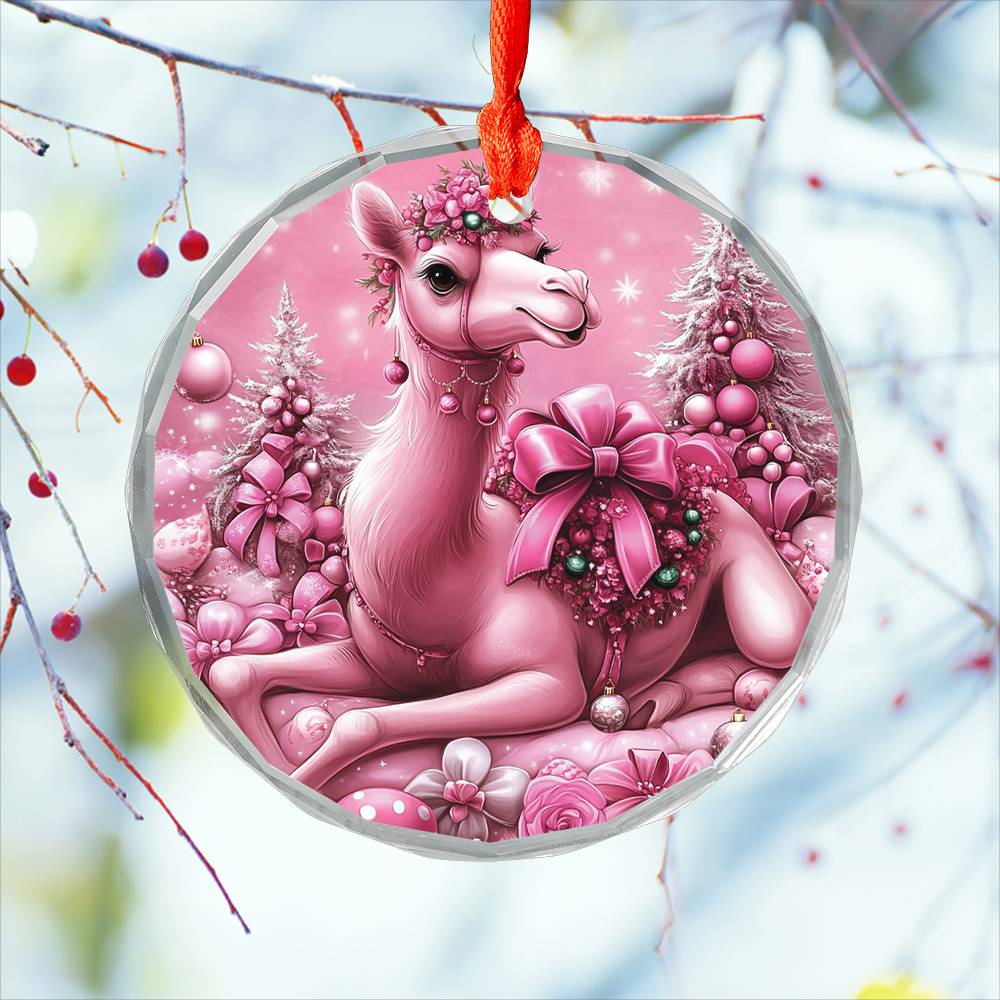 Camel Pink Christmas Design 3 Glass Ornament
