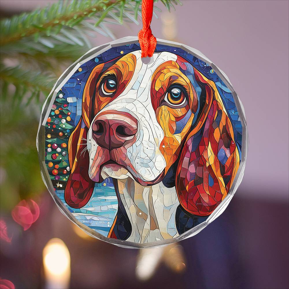 Beautiful Bassett Hound Dog Christmas Night Design 3 Glass Ornament