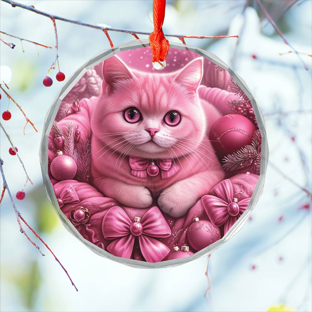 British Shorthair Cat Pink Christmas Design 1 Glass Ornament
