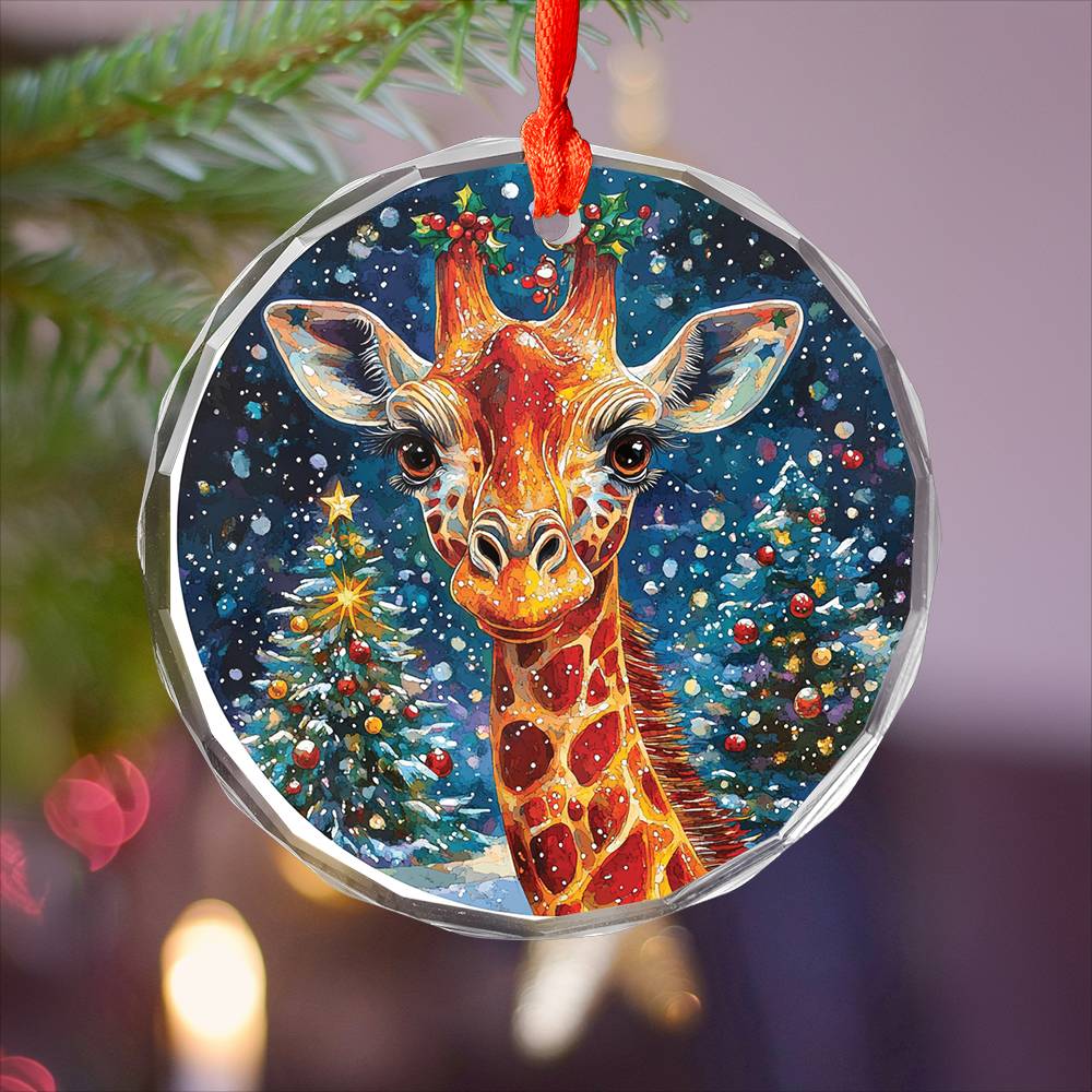 Beautiful Giraffe Christmas Night Design 1 Glass Ornament