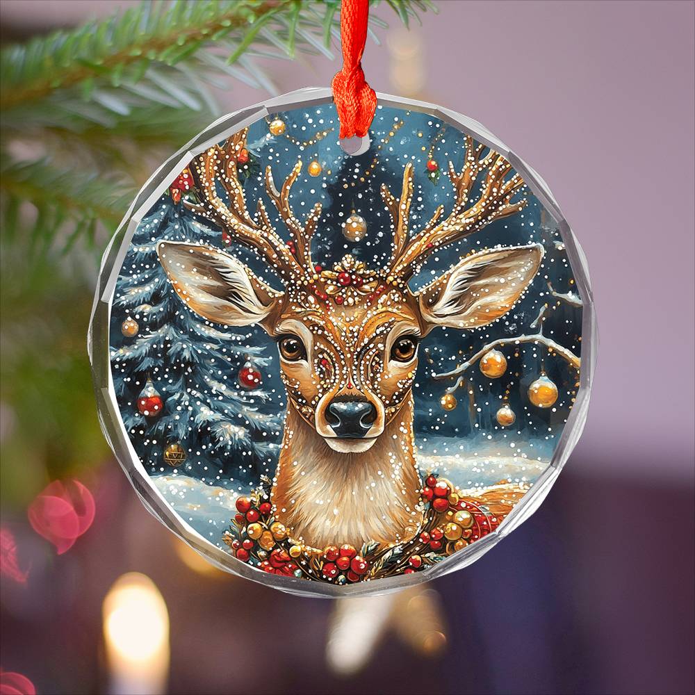 Beautiful Angus Deer Christmas Night Design 2 Glass Ornament