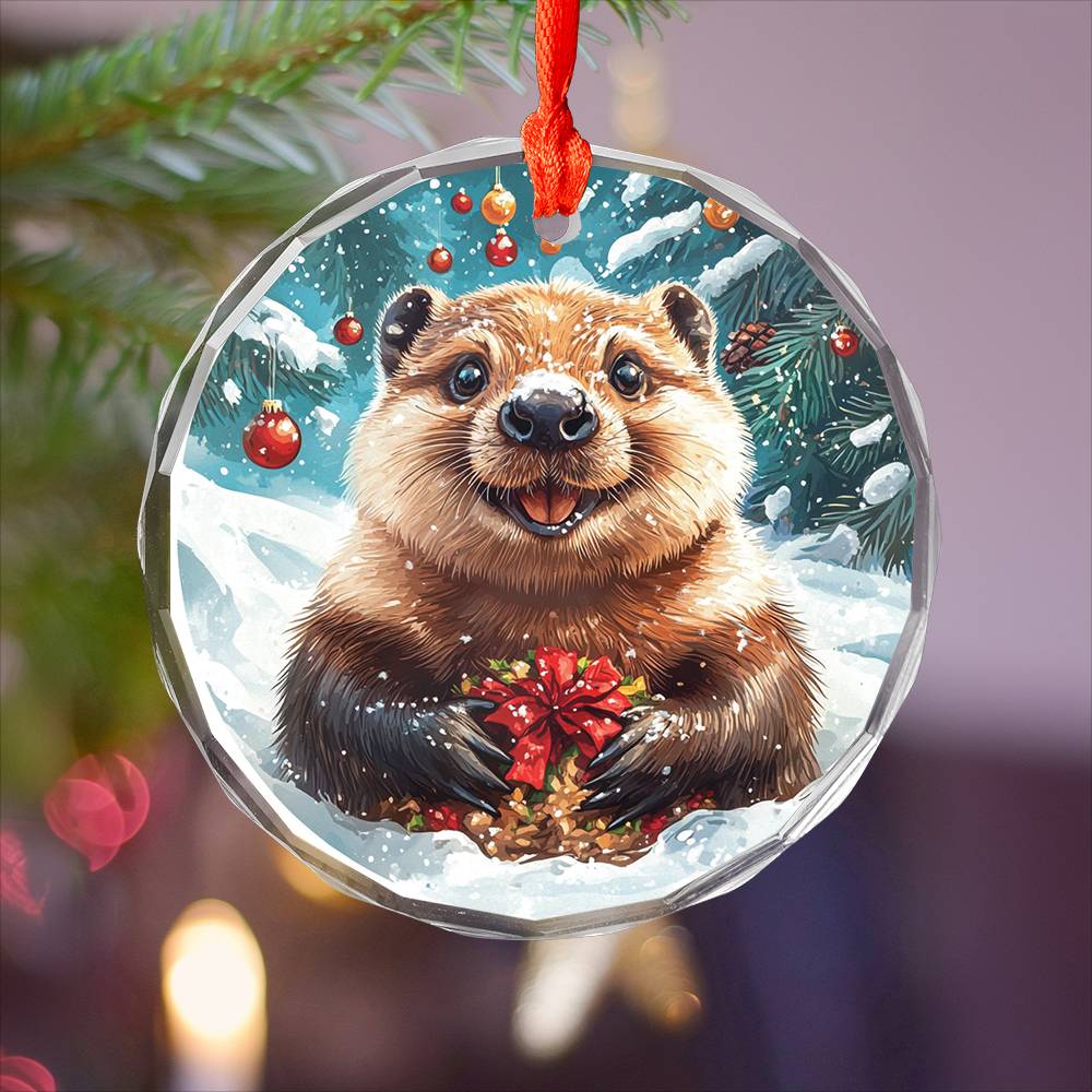 Beautiful Angus Beaver Christmas Night Design 2 Glass Ornament