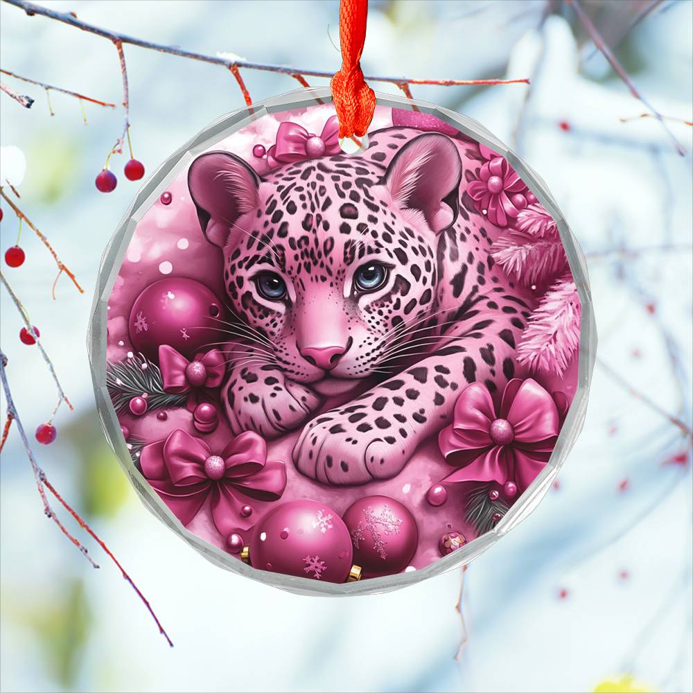Jaguar Pink Christmas Design 2 Glass Ornament