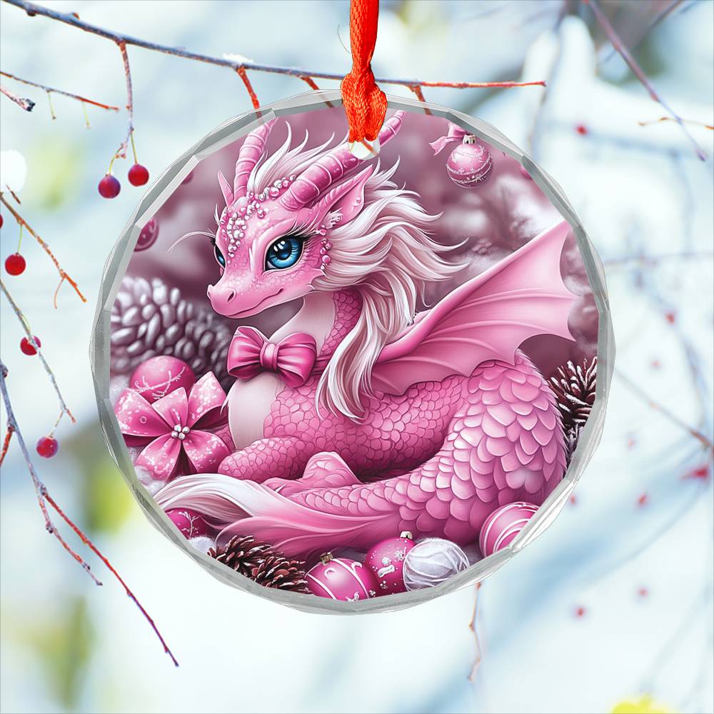 Dragon Pink Christmas Design 2 Glass Ornament