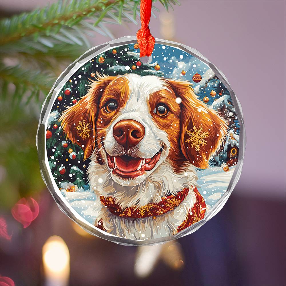 Beautiful Brittany Dog Christmas Night Design 1 Glass Ornament