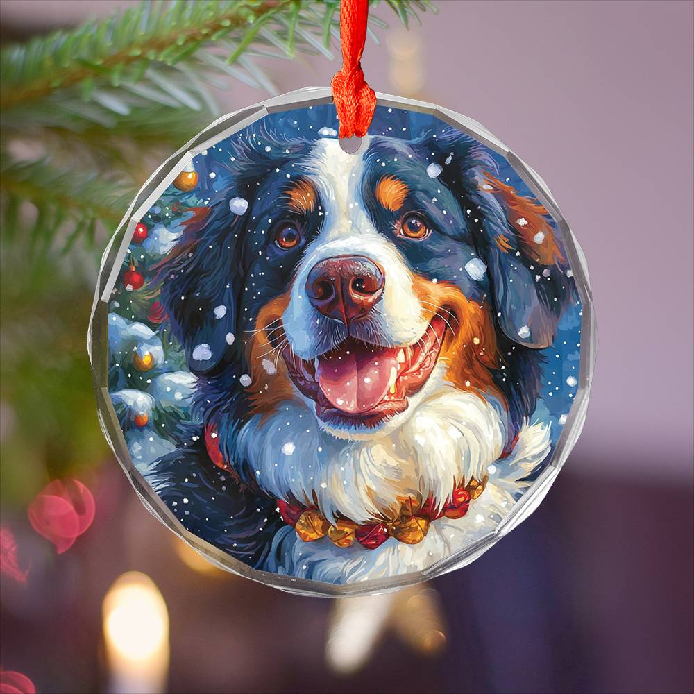 Beautiful Angus Bernese Mountain Dog Christmas Night Design 2 Glass Ornament