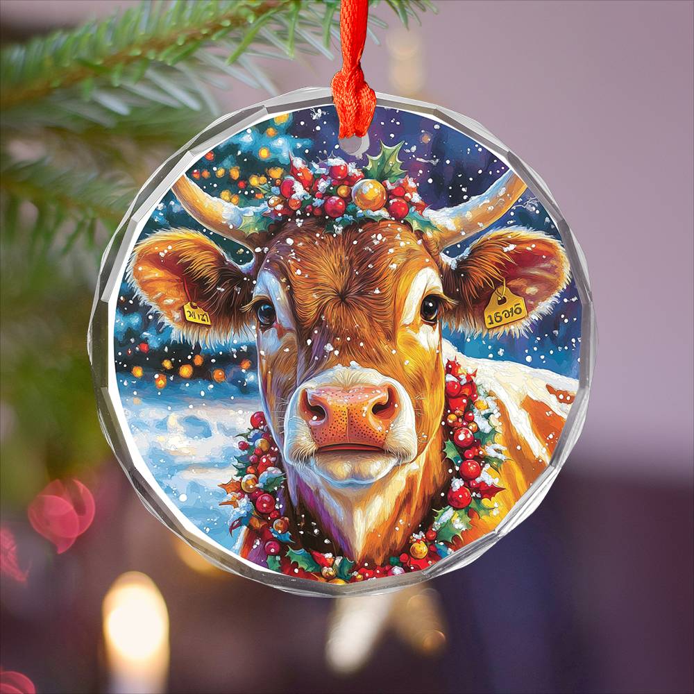 Beautiful Jersey Cow Christmas Night Design 3 Glass Ornament