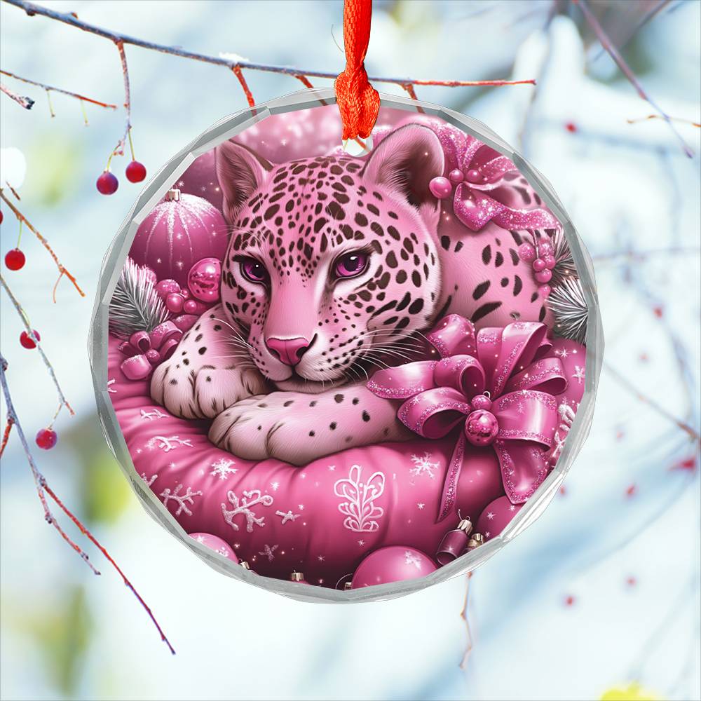 Jaguar Pink Christmas Design 3 Glass Ornament