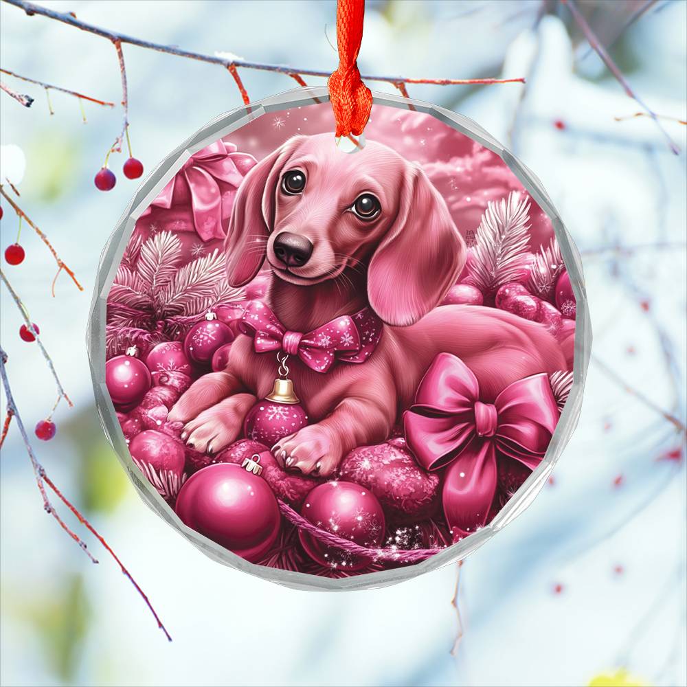 Dachshund Dog Pink Christmas Design 1 Glass Ornament