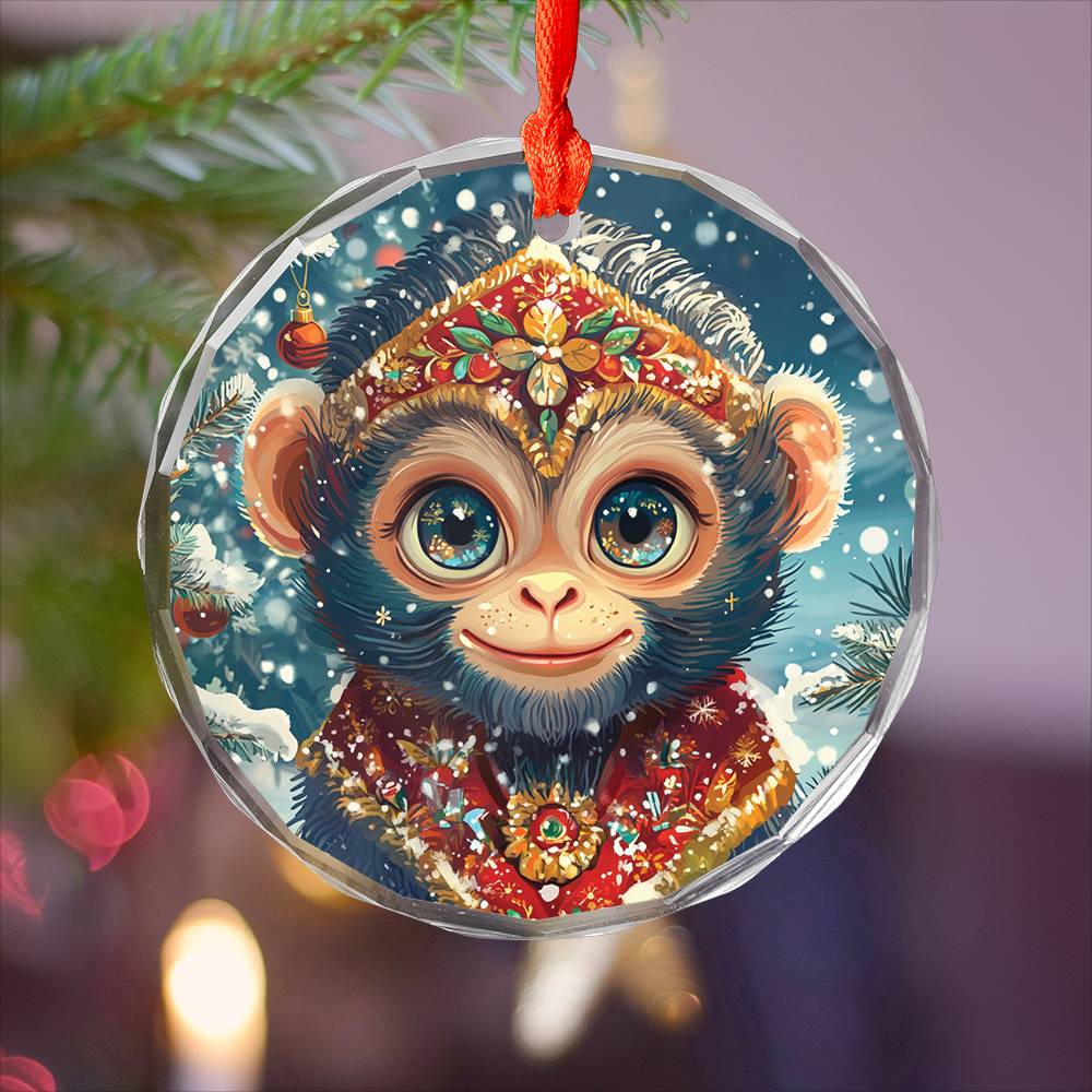 Beautiful Angus Monkey Christmas Night Design 2 Glass Ornament