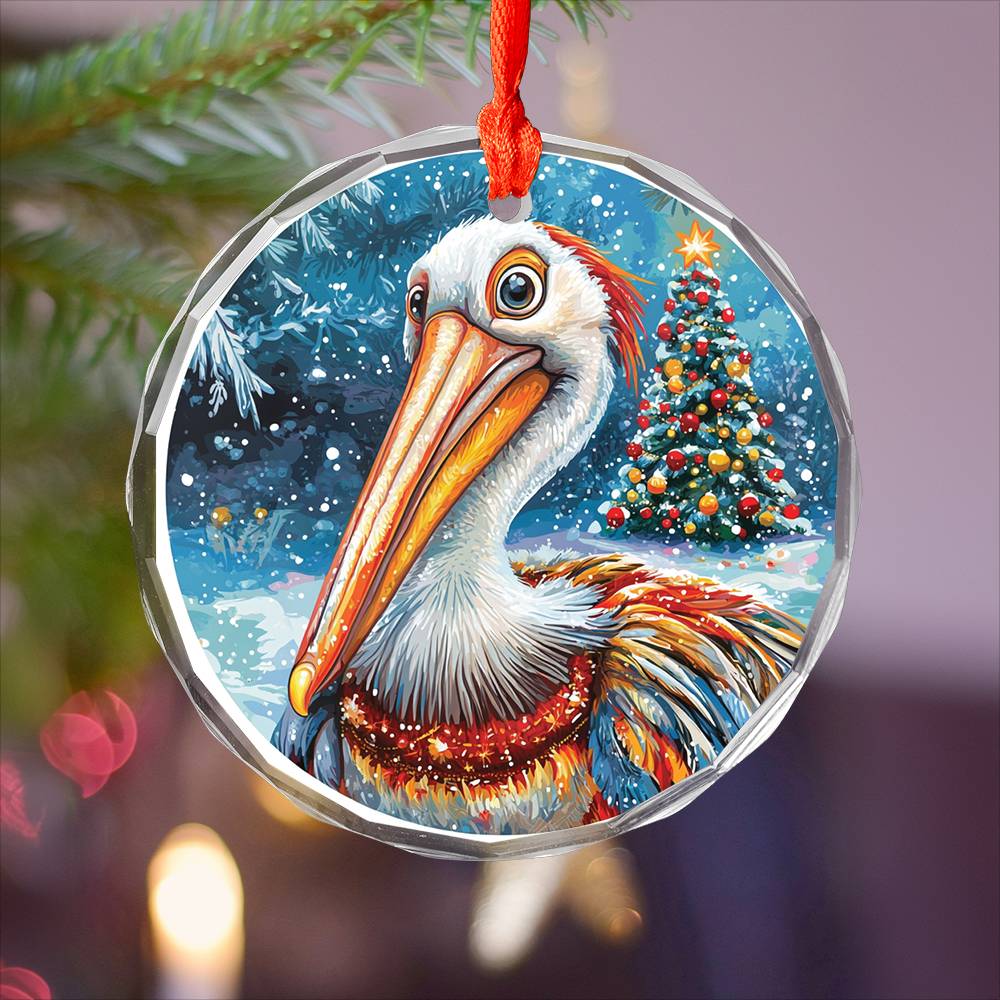 Beautiful Pelican Christmas Night Design 1 Glass Ornament